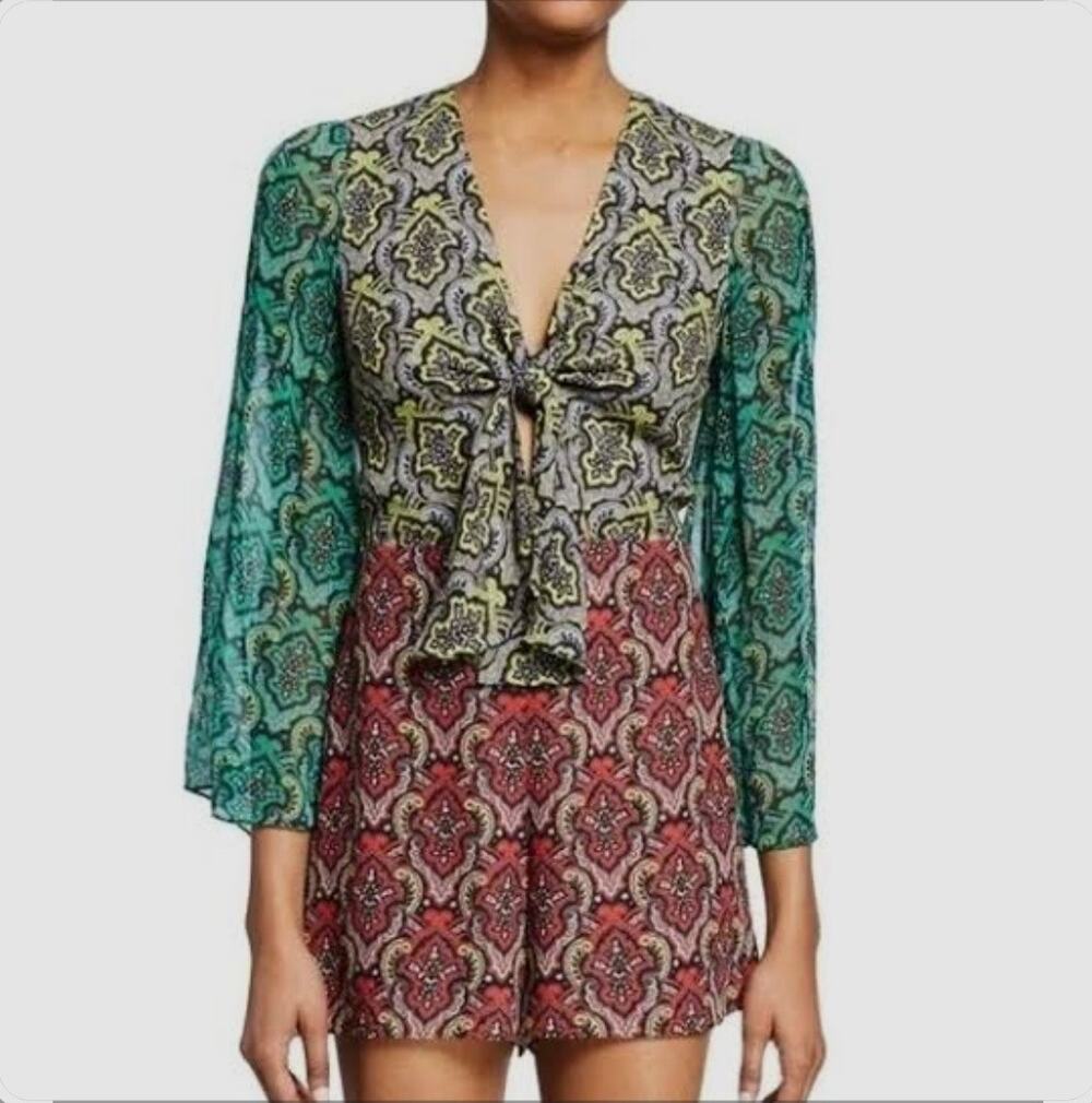Alice + Olivia Brylee Tie Front Bell Sleeve Romper size 10 Multi Patchwork Boho